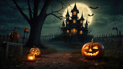 Haunted House on Halloween Night with Pumpkins
