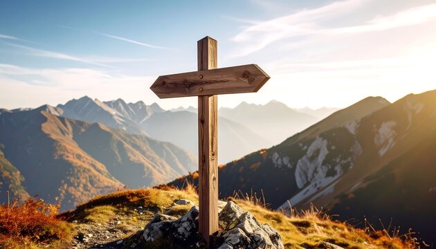 Wooden Signpost Overlooking Majestic Mountain Range at the Cliff Edge