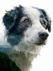 Fototapeta premium Dog Portrait Canine Pet Landscape Mountain Forest Exploring Nature Adventure Wildlife Collie Puppy Fur Eyes Ears Cute Loyal Happy Faithful Tranquil Rescued Furry Companion Outdoors Playful 
