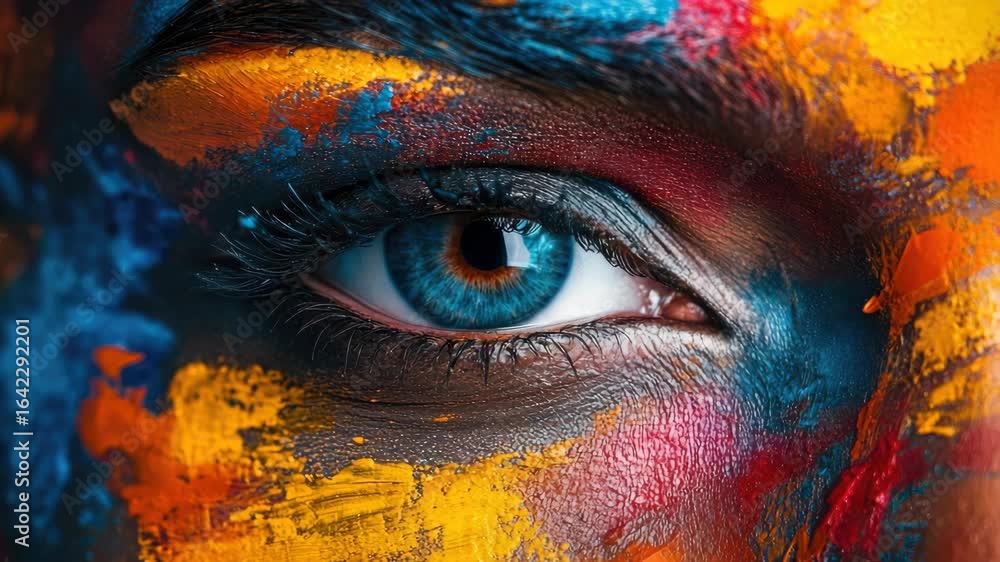 Poster the portrays an abstract expression of a human face, with vivid colors and paint splatter effects cr