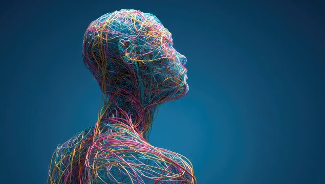 Colorful, abstract human head and upper body, composed of interconnected strands