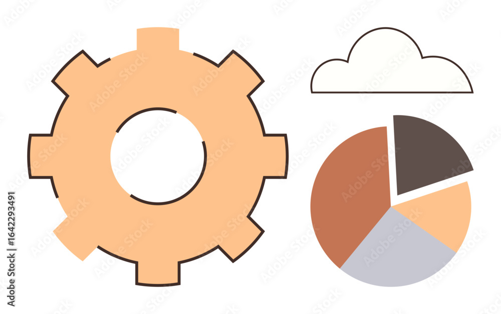 Poster gear symbolizing process, cloud indicating data storage, and pie chart representing analytics. ideal