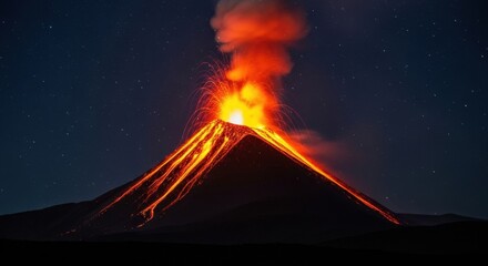 A dramatic Strombolian eruption at night, with fiery sparks flying under the stars.
