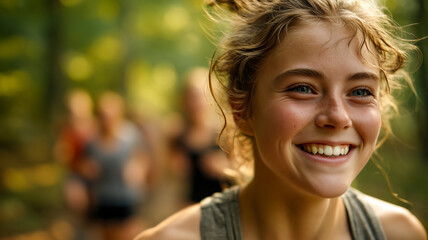 Fototapeta premium Smiling woman leading a group of runners on a sunny trail, radiating energy and joy in a natural setting.
