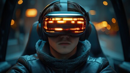 Young man immersed in virtual reality experience with advanced VR headset technology