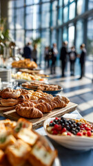 Fototapeta premium A bountiful breakfast spread features fresh croissants, vibrant berries, and savory salads in a bright, modern event space.