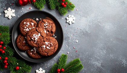 Festive Christmas holiday baking background with homemade chocolate cookies on a dark plate, surrounded by winter decorations.