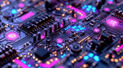 Close-up of glowing circuit board with vibrant colors