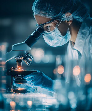 Female Scientist Using Microscope Laboratory Research Health Biotechnology Experiment Analysis Biochemistry Scientific Study Professional Microscopy 