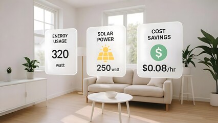 Floating Smart Energy Panels Displaying Usage, Solar Input, and Savings