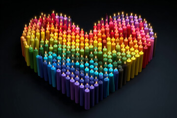 Colorful heart shape created with candles arranged in a rainbow pattern on a dark background