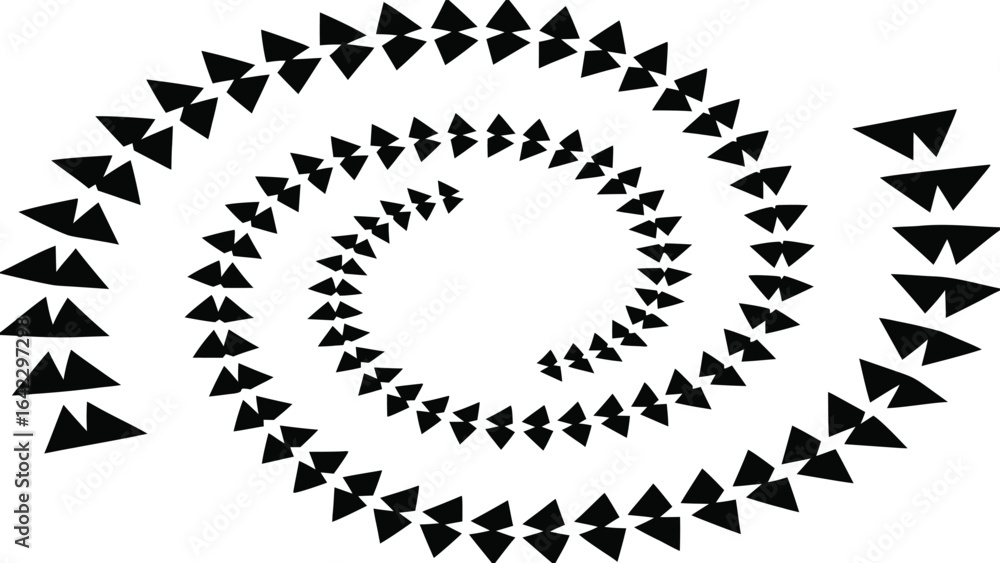 Poster abstract spiral formation composed of black triangles arranged in a modern geometric pattern