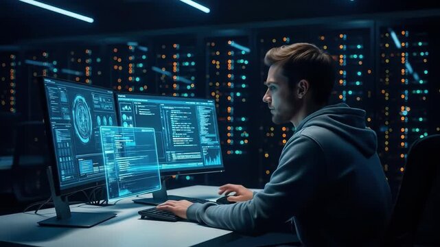 Focused programmer works on multiple screens analyzing complex data lines He wears casual clothing in a dark room full of technical equipment