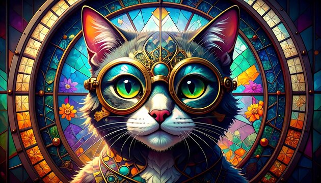 Cat with steampunk glasses, stained glass