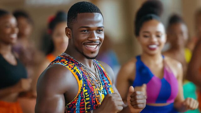 Energetic group enjoying a vibrant zumba dance and fitness class in colorful attire, promoting health and community engagement