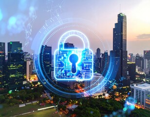 Digital lock over cityscape