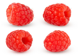 Raspberry isolated. Raspberries with clipping path isolated on white. Side view raspberries set.