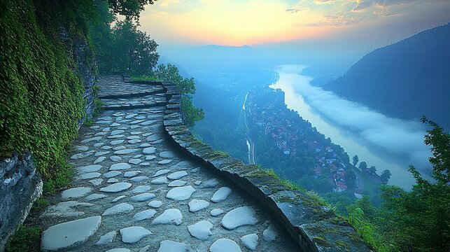 Stone path winds through greenery overlooking a valley and river at dusk.