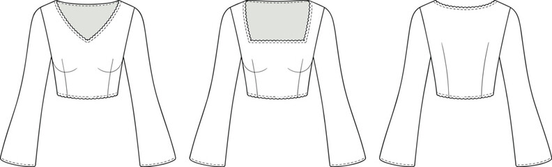 Cad drawing flat vector illustration, stylish long sleeve crop tops, front and back view, different neckline styles, fashion design sketch for women’s wear