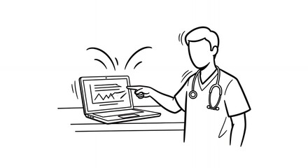 Black and White Illustration of Medical Professional Explaining Graph on Laptop With Stethoscope in Uniform