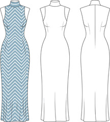 Elegant sleeveless long dress fashion sketch, high neck design with chevron print, front and back technical drawing, CAD drawing flat vector illustration