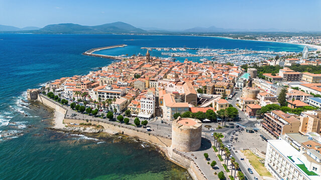 Aerial view of Alghero, a fortified city founded by the Genoese on the northwestern coast of Sardinia, an Italian island in the Mediterranean Sea