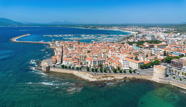 Aerial view of Alghero, a fortified city founded by the Genoese on the northwestern coast of Sardinia, an Italian island in the Mediterranean Sea