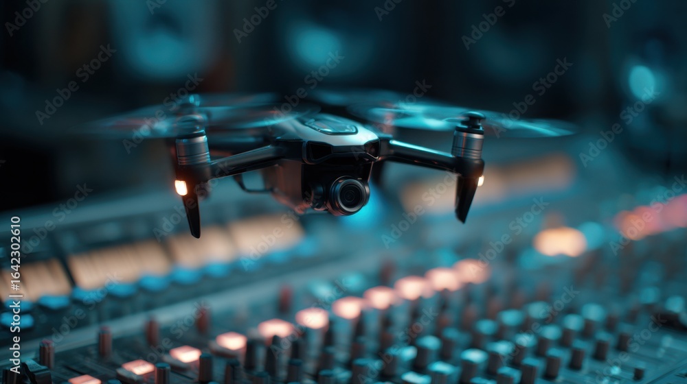 Poster focused medium shot of a compact canopy drone deploying automatically above an audio console with bl