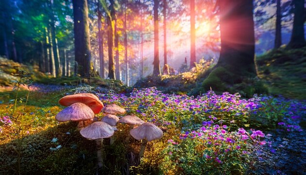 enchanted forest with glowing mushrooms and vibrant flowers at dawn generative ai