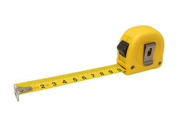 Yellow retractable tape measure showing metric units on transparent background