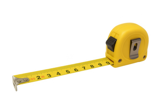 Yellow retractable tape measure showing metric units on transparent background