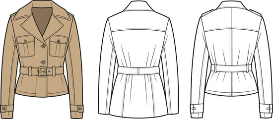 Women's belted jacket fashion illustration, khaki coat with buttons, flap pockets, cuff straps, collar, waist belt, back views, cad drawing flat vector illustration