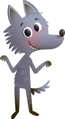 Friendly wild and funny wolf character design for kids, smiling and posing. Hilarious and cute wolf forest animal mascot for children. Cartoon vector character illustration for kids, isolated clip art