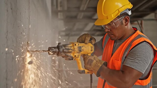 A construction worker using a hammer drill on a concrete wall, with sparks flying.

