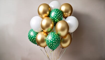 elegant gold green white balloons with polka dots against neutral background