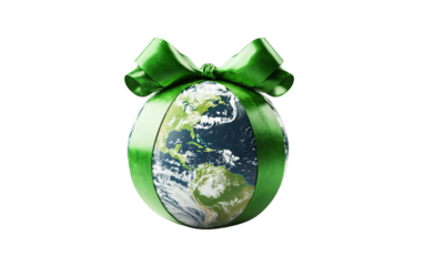 Planet Earth wrapped in green ribbon symbolizing global environmental conservation and sustainable living awareness isolated on transparent background PNG