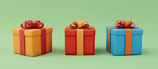 Three colorful gift boxes against a light green background