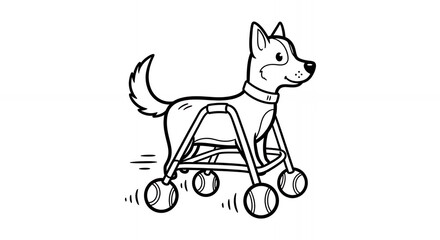 Fototapeta premium Monochrome Cartoon Dog on Wheeled Support Frame Isolated Against White Background Cute Canine Illustration in Black and White