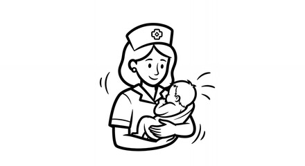 Monochrome Illustration of Nurse Holding Swaddled Baby on White Background Black and White Line Art Cartoon of Healthcare Professional in Uniform
