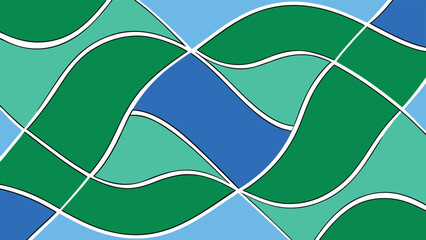 Abstract wavy pattern of intersecting shapes in cool and vibrant shades of blue and green