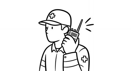 Monochrome Line Art Illustration of First Responder in Uniform Holding Walkie Talkie Emergency Communication Aid on White Background