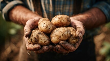 Freshly harvested potatoes held in hands