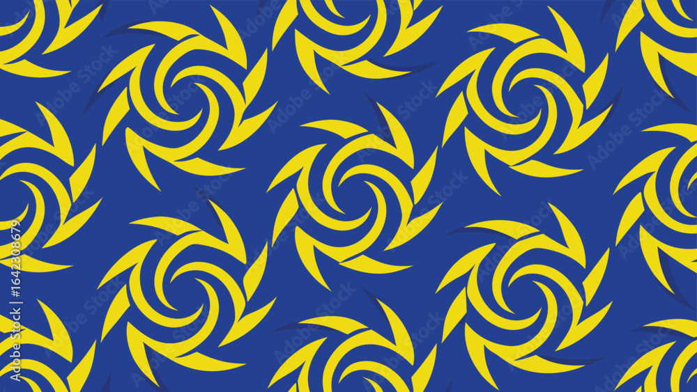 Poster abstract yellow spiral patterns on a blue background repeating seamlessly across surface