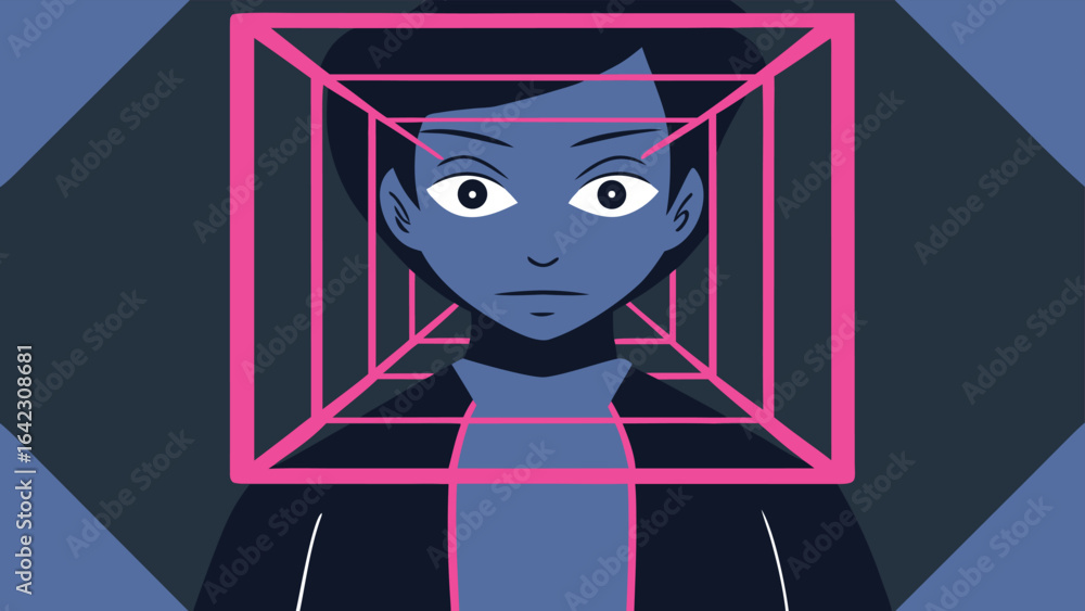 Poster an abstract portrait of a person inside a geometric frame with an introspective expression