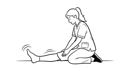 Obraz premium Woman in Scrubs Seated on Floor Stretching Leg in Black and White Line Drawing for Health and Wellness Against White Background