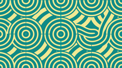 Artistic abstract pattern of concentric circles and curving lines in teal and beige