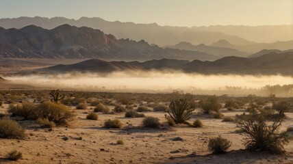 Obraz premium Misty desert sunrise with mountain range backdrop