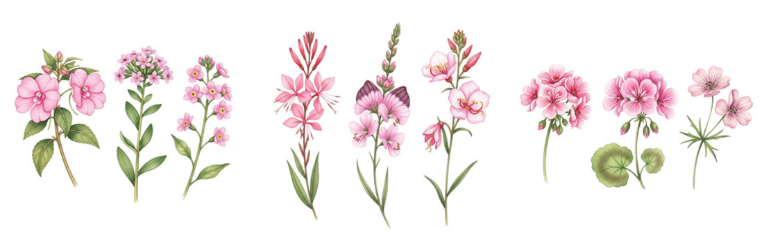 A beautiful watercolor collection of delicate pink garden flowers, featuring phlox, gaura, and geranium illustrations, isolated on a white background.