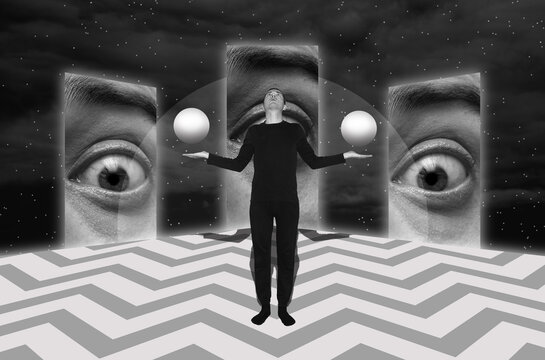 Mixed media collage with a man stands in front of a giant eye