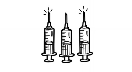 Fototapeta premium Black and White Drawing of Three Medical Syringes with Liquid Against White Background, Simple Design